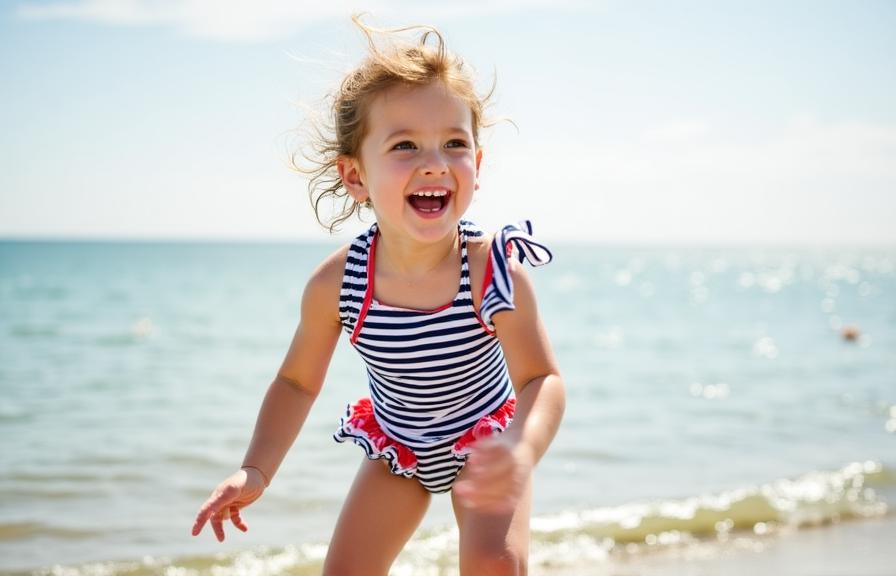 Bambina che gioca sulla spiaggia indossando un costume intero a righe con rouches stile vintage