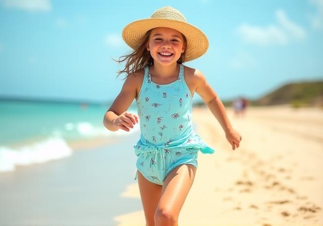 Bambina in spiaggia con abbigliamento estivo
