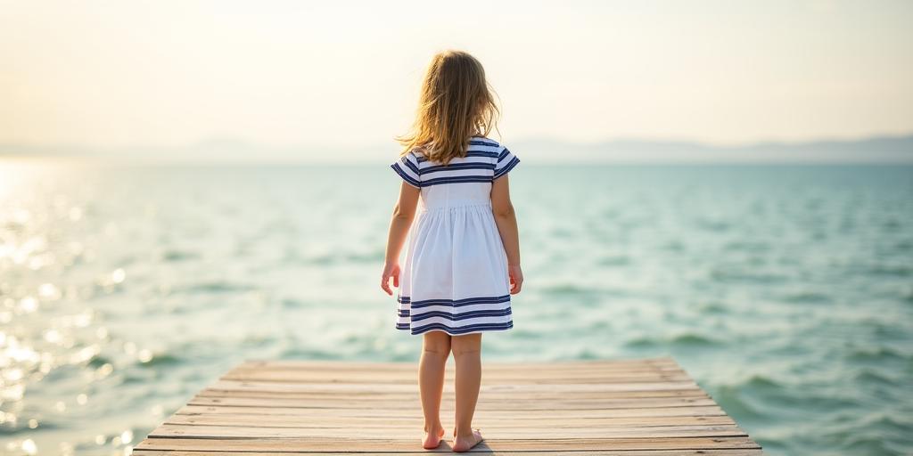 Bambina che guarda il mare con abito Marina Muse
