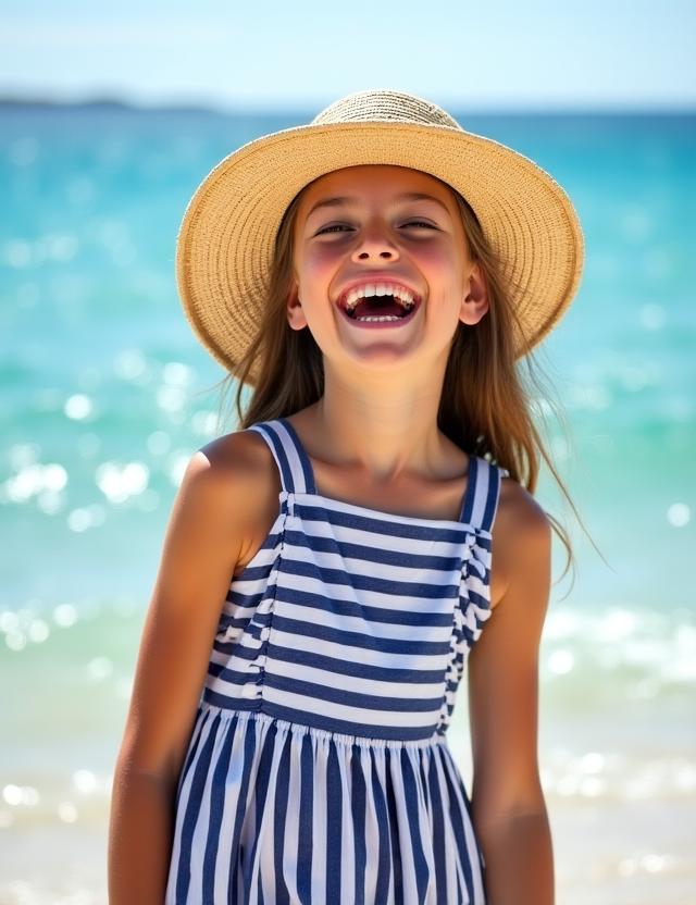 Bambina in abito a righe sulla spiaggia italiana