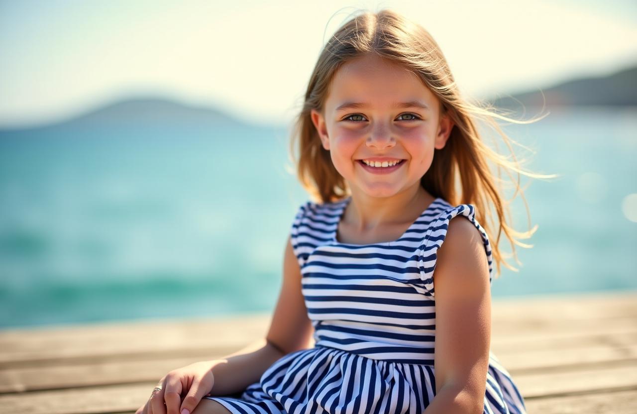 Bambina in abito nautico che gioca sulla spiaggia