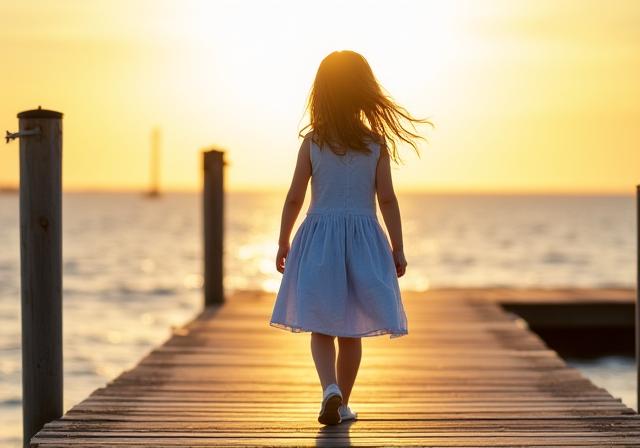 Elegante abito in lino azzurro per bambina in riva al mare