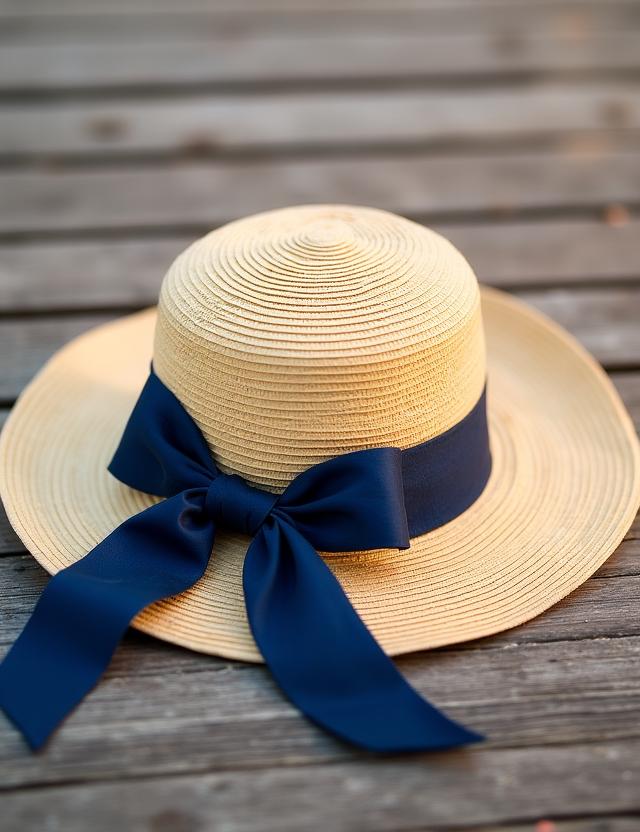 Cappello di paglia con fiocco blu